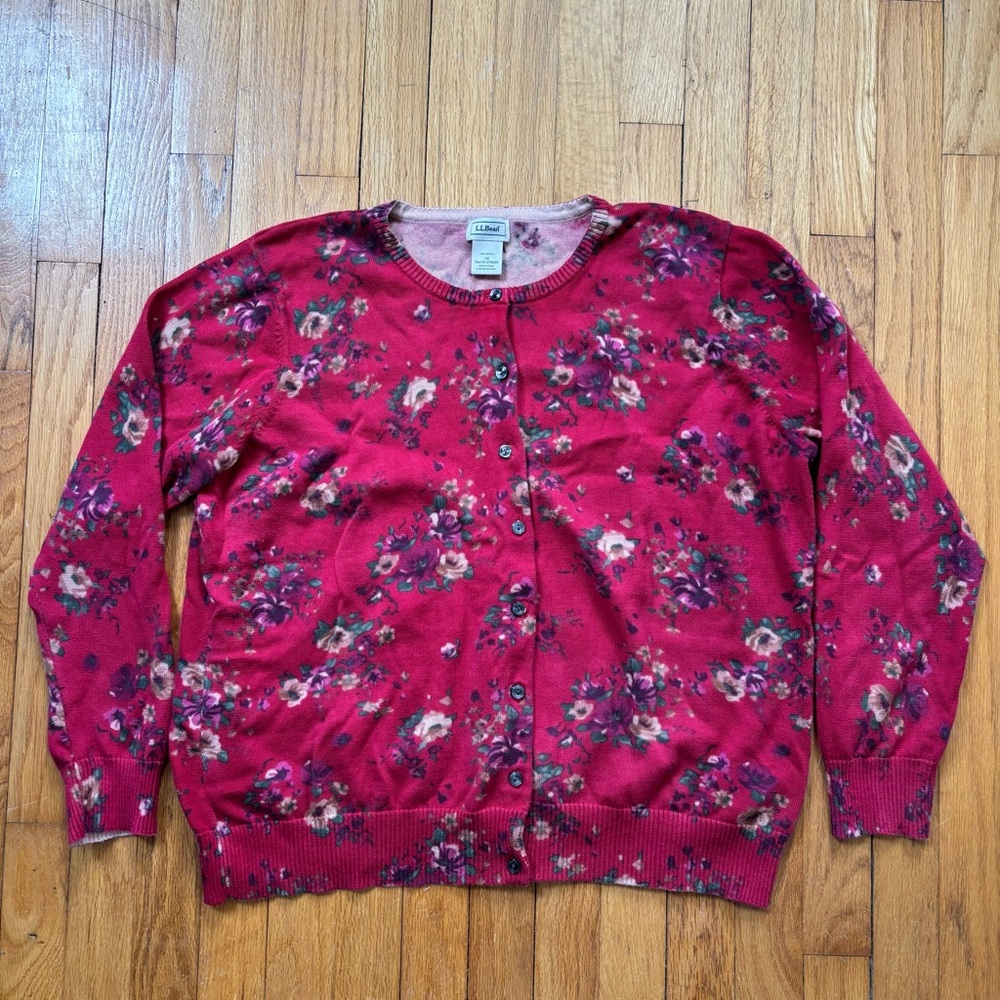 LL Bean Women’s Floral Red Cardigan Sweater size 1X 100% cotton